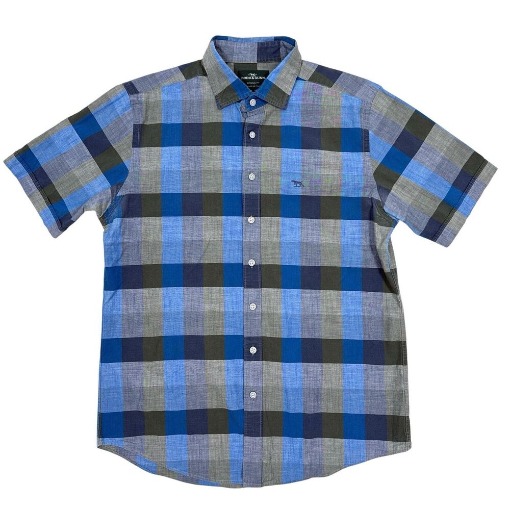 Rodd & Gunn Shirt Medium Blue Plaid Short Sleeve Button Up Original Fit Cuff